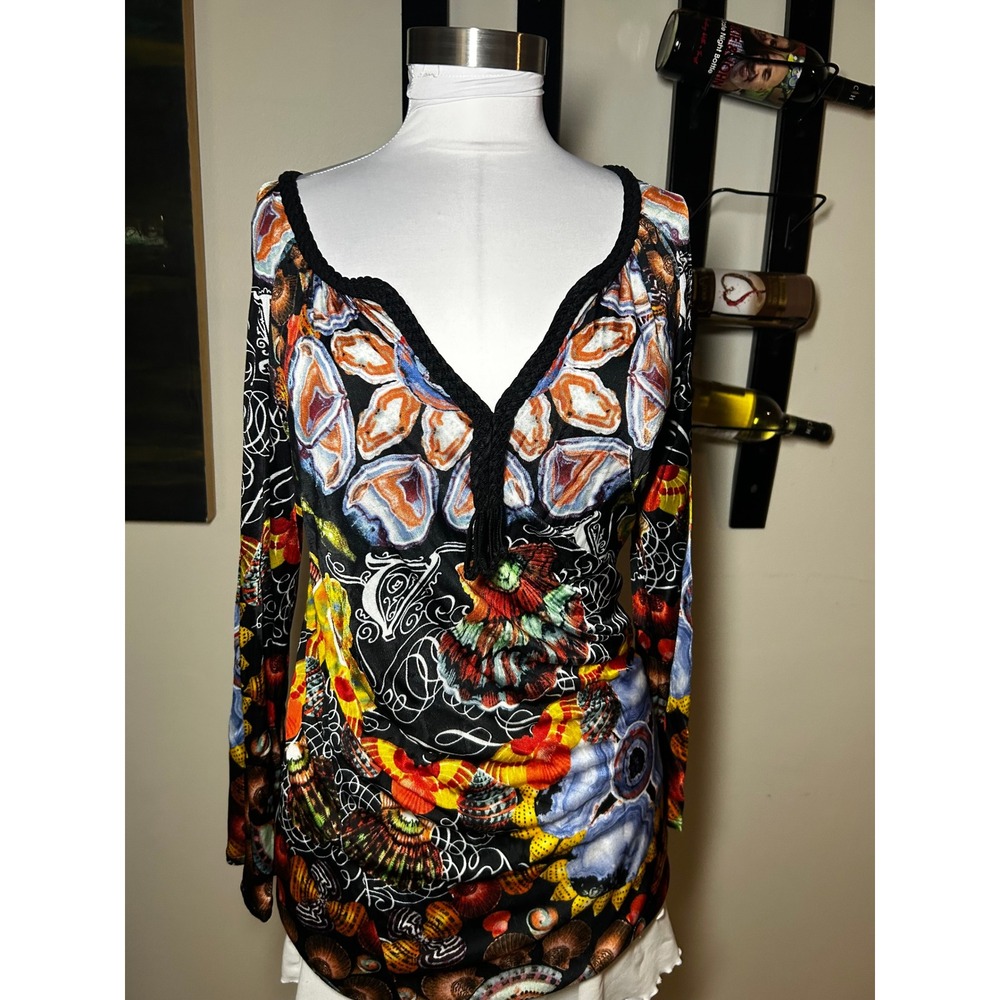 Custo Barcelona Women Multi Color Geode Shell Print V-Neck Long Sleeve Top 2